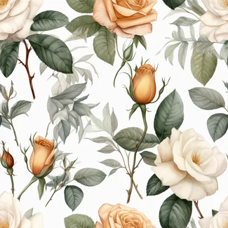 Vintage rose botanical illustration seamless pattern on a white background