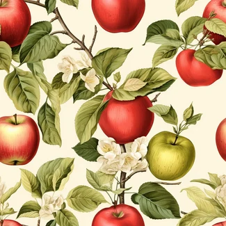 A seamless pattern of ripe red apples and delicate cherry blossoms on a light beige and green background.