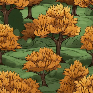 Colorful cartoonish pattern of autumn trees and leaves.