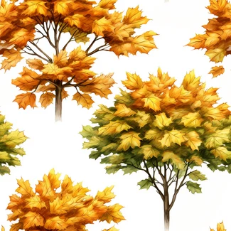 A beautiful autumn leaves pattern featuring a Maple Tree botanical illustration with radiant clusters and ethereal trees against a white background.