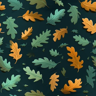 Colorful oak leaves pattern with cartoonish illustrations in shades of dark cyan, amber, dark yellow and dark emerald.