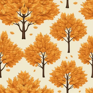 A seamless pattern of orange trees and leaves on a light background, reminiscent of a stage backdrop, with fine fur and feather texture, warm colors of light yellow and bronze, complemented by a light orange and dark beige textured shading, giving it a luxurious, yet cartoonish feel.