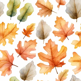 Autumn Oak Leaves Watercolor Seamless Pattern with realistic watercolor oak leaves in white and amber