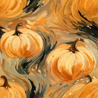 A seamless pattern of pumpkins in various sizes and colors against a black background.