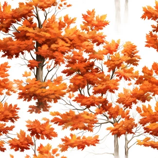 A seamless pattern of autumnal maple trees and leaves on a white background.