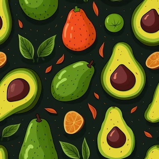 A seamless pattern featuring illustrations of sliced avocados and citrus fruits on a dark background.