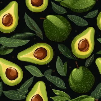 A seamless pattern featuring green leaves and avocados on a dark background.