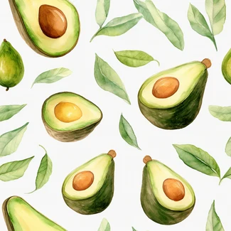 A watercolor pattern of avocado leaves in a clean and streamlined style on a white background.
