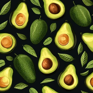 A seamless pattern of avocados with leaves on a black background in a vintage style.