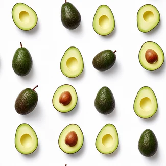 Avocado minimalist pattern with sliced avocados and leaves on white background