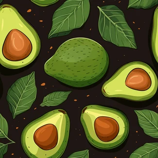 A seamless pattern of ripe avocados and leaves on a black background.