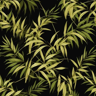 Bamboo foliage pattern on a black background with realistic hyper-detail and leaf patterns in yellow and green colors.
