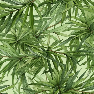 A seamless pattern of green bamboo leaves on a light background with a palm tree.