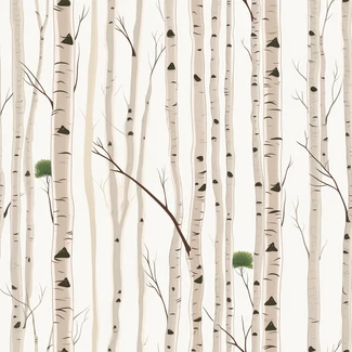 A seamless pattern featuring birch trees and twisted branches on a light beige and black background.