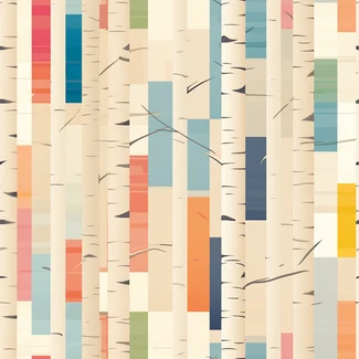 A colorful pattern featuring birch tree branches and vertical stripes on a white background.