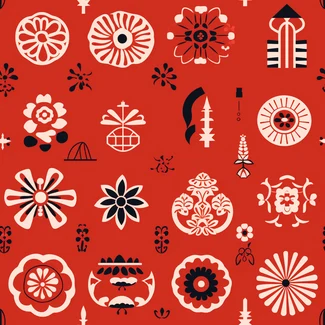 A red background with intricate flowers and nature motifs inspired by Japanese folklore.