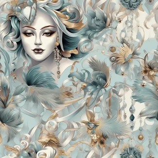 Blue and gold floral pattern with intricate details and a touch of fantasy.