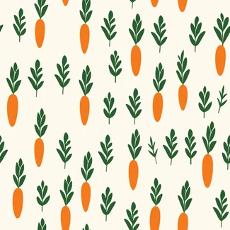 Repeating pattern of cartoonish carrots and leaves on a white background.