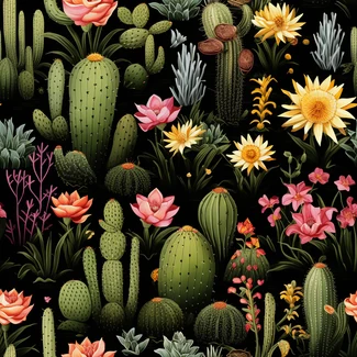 A seamless pattern featuring various types of cacti on a black background.