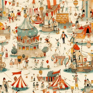 Colorful carnival circus pattern with hidden details and playful scenes.