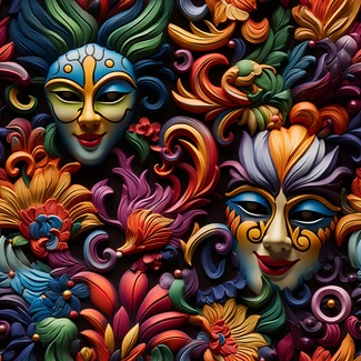 Colorful masks and flowers in a dark background in a caricature style