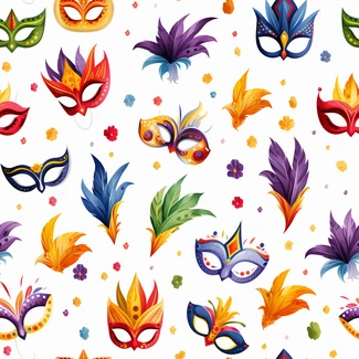 Colorful Carnival masks with feathers and leaves on a white background
