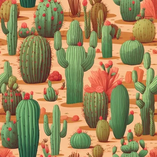 A seamless pattern featuring a variety of cactus plants in different styles and shades of red and green.