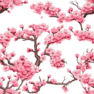 Cherry Blossom Tree botanical illustration with delicate pink blossoms on a white background.