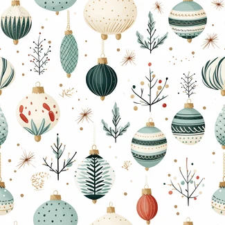 A seamless Christmas pattern with cartoonish designs of Christmas balls, sticks, and fir trees on a white background in light beige and dark aquamarine colors.