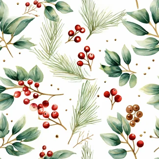 A watercolor Christmas foliage pattern featuring holly, berries, and leaves in shades of brown and red.