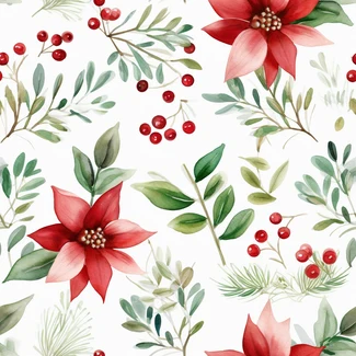 Watercolor Christmas floral pattern with poinsettias, green berries, and leaves