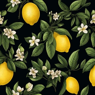 Lemon botanical illustration seamless pattern with black background