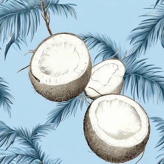 Illustration of a white coconut on a branch with coconut leaves against a light blue background