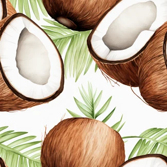 A seamless pattern of coconut and coconut leaves on a white background