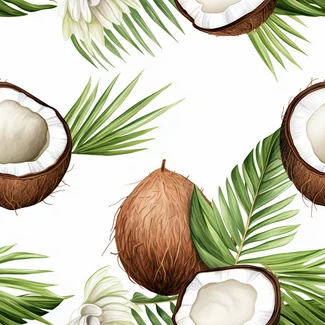 A seamless pattern of coconut leaves on a white background