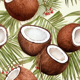 Coconut Paradise seamless pattern featuring coconuts, berries, and leaves arranged in a realistic and highly detailed manner.