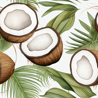 A tropical seamless pattern with coconut and leaves on a white background, rendered in realistic detail.