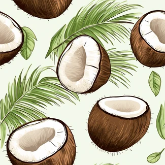 Tropical Coconut Leaves Seamless Pattern featuring coconuts, leaves and flowers on a light green and black background