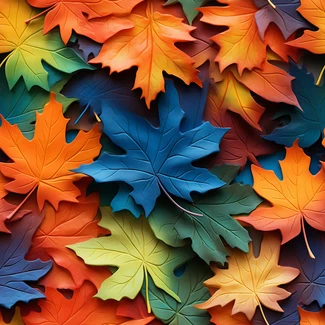 A close-up view of colorful maple leaves in blue and amber tones on a white background.