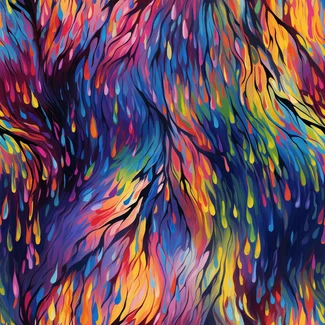 Colorful and playful melting tree pattern featuring a mix of realistic and fantastical elements.