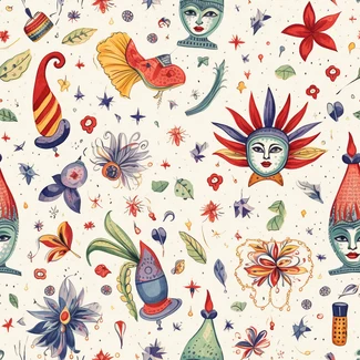 Colorful cartoon characters and plants arranged in a playful and whimsical fashion form a seamless pattern.