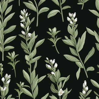 Vintage Watercolor Herbal Leaf Pattern featuring delicate white plants on a rich black background