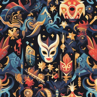 A colorful and whimsical pattern with vibrant symbols on a dark background.