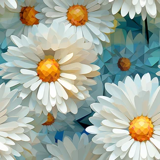 A white daisy pattern with a cubist faceting style on a blue background.