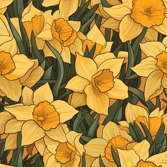 A highly detailed pattern of blooming daffodils set against an orange background with gray shading and yellow and aquamarine colors.