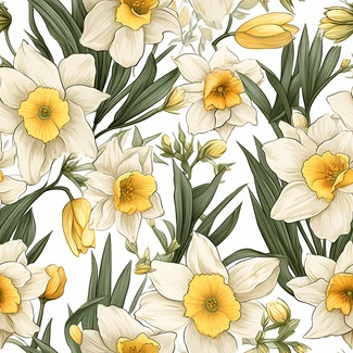 Seamless daffodil pattern with yellow flowers on a white background.