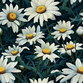 A seamless pattern of daisy flowers on a dark blue background with highly detailed foliage and bold brushwork