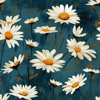 A daisy flower seamless pattern with expressive brushwork and a dark cyan and beige color scheme.