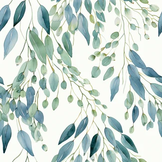 Watercolor wallpaper featuring delicate eucalyptus leaves in shades of blue and white