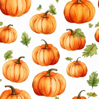 A colorful pumpkin and leaf pattern on a white background.
